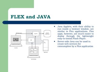 FLEX and JAVA Java Applets, with their ability to run inside a browser window, are similar to Flex applications. Flex apps, however, are much easier to deploy through the lightweight easy-to-install Flash Player.  Server-side Java can be used to create web services for consumption by a Flex application  