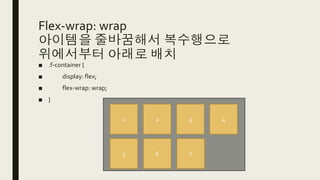 Flex-wrap: wrap
아이템을 줄바꿈해서 복수행으로
위에서부터 아래로 배치
■ .f-container {
■ display: flex;
■ flex-wrap: wrap;
■ }
1 2 3 4
5 6 7
 