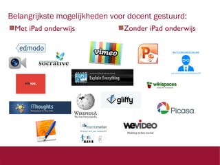 Belangrijkste mogelijkheden voor docent gestuurd:
Met iPad onderwijs

Zonder iPad onderwijs

 
