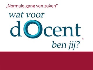 „Normale gang van zaken”
• Vragen en opdrachten zijn gericht op individueel- of
groepswerk oplossingen.
• Methode geeft aan welk onderwerp er waneer aan de
orde komt.
• Antwoorden, uitkomsten en vorm van werkstukken zijn
tevoren bedacht en voorspelbaar.

3 2

 