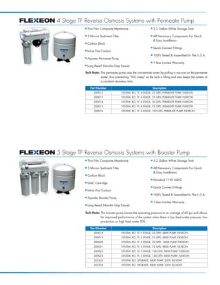 Tech Note: The permeate pump uses the concentrate water by pulling a vacuum on the permeate
water, thus preventing “TDS creep” as the tank is filling and also keeps the system at
a constant recovery ratio.
Part Number Description
200012 SYSTEM, RO, TF, 4 STAGE, 25 GPD, PERMEATE PUMP, FLEXEON
200013 SYSTEM, RO, TF, 4 STAGE, 35 GPD, PERMEATE PUMP, FLEXEON
200014 SYSTEM, RO, TF, 4 STAGE, 50 GPD, PERMEATE PUMP, FLEXEON
200015 SYSTEM, RO, TF, 4 STAGE, 75 GPD, PERMEATE PUMP, FLEXEON
200016 SYSTEM, RO, TF, 4 STAGE, 100 GPD, PERMEATE PUMP, FLEXEON
Tech Note: The booster pump boosts the operating pressure to an average of 60 psi and allows
for improved performance of the system when there is low feed water pressure, low
production or high feed water TDS.
Part Number Description
200018 SYSTEM, RO, TF, 5 STAGE, 25 GPD, 6800 PUMP, FLEXEON
200019 SYSTEM, RO, TF, 5 STAGE, 35 GPD, 6800 PUMP, FLEXEON
200020 SYSTEM, RO, TF, 5 STAGE, 50 GPD, 8800 PUMP, FLEXEON
200021 SYSTEM, RO, TF, 5 STAGE, 75 GPD, 8800 PUMP, FLEXEON
200022 SYSTEM, RO, TF, 5 STAGE, 100 GPD, 8800 PUMP, FLEXEON
200023 SYSTEM, RO, TF, 5 STAGE, 150 GPD, 8800 PUMP, FLEXEON
202253 SYSTEM, RO, UPGRADE, 6800 PUMP, 220V 50/60HZ
202254 SYSTEM, RO, UPGRADE, 8800 PUMP, 220V 50/60HZ
■ Thin Film Composite Membrane
■ 5 Micron Sediment Filter
■ Carbon Block
■ GAC Cartridge
■ Inline Post Carbon
■ Aquatec Booster Pump
■ Long Reach Non-Air Gap Faucet
■ 3.2 Gallon White Storage Tank
■ All Necessary Components For Quick
& Easy Installation
■ Standard 110V 60HZ
■ Quick Connect Fittings
■ 100% Tested & Assembled In The U.S.A.
■ 1-Year Limited Warranty
5 Stage TF Reverse Osmosis Systems with Booster Pump
■ Thin Film Composite Membrane
■ 5 Micron Sediment Filter
■ Carbon Block
■ Inline Post Carbon
■ Aquatec Permeate Pump
■ Long Reach Non-Air Gap Faucet
■ 3.2 Gallon White Storage Tank
■ All Necessary Components For Quick
& Easy Installation
■ Quick Connect Fittings
■ 100% Tested & Assembled In The U.S.A.
■ 1-Year Limited Warranty
4 Stage TF Reverse Osmosis Systems with Permeate Pump
CIBUBLKJHQC*..2ObpOLM?ĀĀ0,.,./ĀĀ37-6Ā>JĀĀM^dbĀ0
 