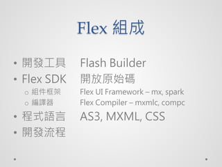 Flex M
? _l       Flash Builder
? Flex SDK   _ԭʼa
  o M     Flex UI Framework C mx, spark
  o g      Flex Compiler C mxmlc, compc

? ʽZ       AS3, MXML, CSS
? _l
 