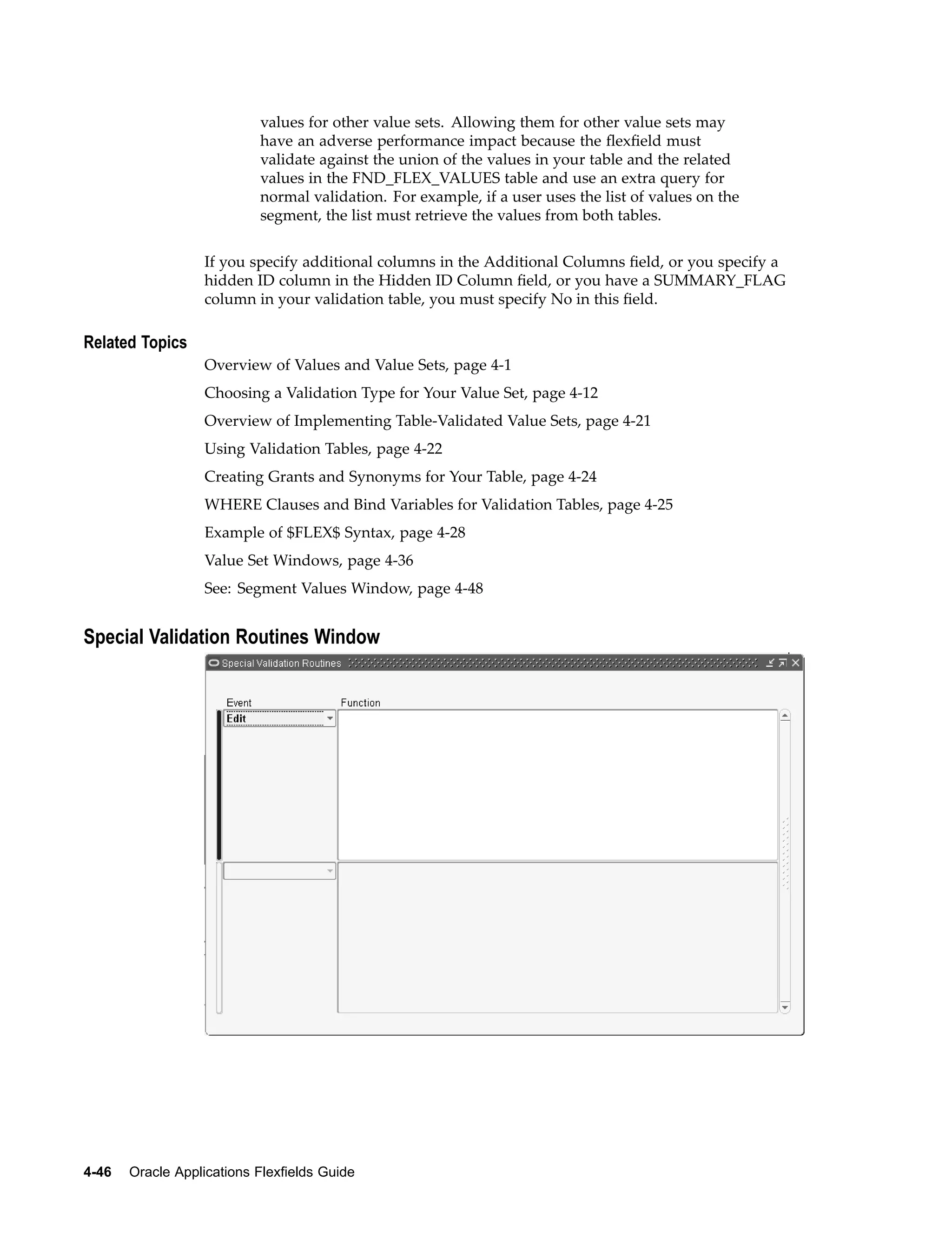 values for other value sets. Allowing them for other value sets may
have an adverse performance impact because the ﬂexﬁeld must
validate against the union of the values in your table and the related
values in the FND_FLEX_VALUES table and use an extra query for
normal validation. For example, if a user uses the list of values on the
segment, the list must retrieve the values from both tables.
If you specify additional columns in the Additional Columns ﬁeld, or you specify a
hidden ID column in the Hidden ID Column ﬁeld, or you have a SUMMARY_FLAG
column in your validation table, you must specify No in this ﬁeld.
Related Topics
Overview of Values and Value Sets, page 4-1
Choosing a Validation Type for Your Value Set, page 4-12
Overview of Implementing Table-Validated Value Sets, page 4-21
Using Validation Tables, page 4-22
Creating Grants and Synonyms for Your Table, page 4-24
WHERE Clauses and Bind Variables for Validation Tables, page 4-25
Example of $FLEX$ Syntax, page 4-28
Value Set Windows, page 4-36
See: Segment Values Window, page 4-48
Special Validation Routines Window
4-46 Oracle Applications Flexelds Guide
 