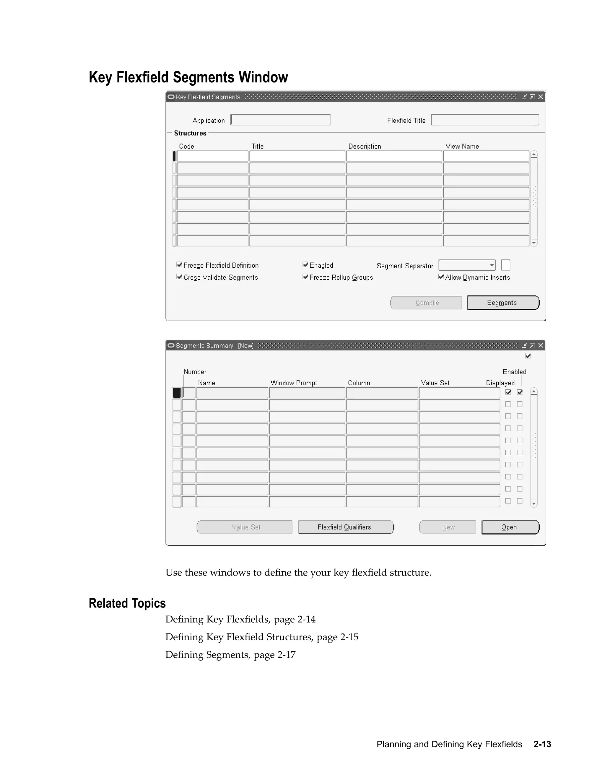 Key Flexeld Segments Window
Use these windows to deﬁne the your key ﬂexﬁeld structure.
Related Topics
Deﬁning Key Flexﬁelds, page 2-14
Deﬁning Key Flexﬁeld Structures, page 2-15
Deﬁning Segments, page 2-17
Planning and Dening Key Flexelds 2-13
 