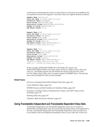 could limit your third segment’s values to only include car colors that are available for the
car speciﬁed in the ﬁrst two segments. Your three value sets might be deﬁned as follows:
Segment Name Manufacturer
Value Set Name Car_Maker_Name_Value_Set
Validation Table CAR_MAKERS
Value Column MANUFACTURER_NAME
Description Column MANUFACTURER_DESCRIPTION
Hidden ID Column MANUFACTURER_ID
SQL Where Clause (none)
Segment Name Model
Value Set Name Car_Model_Name_Value_Set
Validation Table CAR_MODELS
Value Column MODEL_NAME
Description Column MODEL_DESCRIPTION
Hidden ID Column MODEL_ID
SQL Where Clause WHERE MANUFACTURER_ID =
:$FLEX$.Car_Maker_Name_Value_Set
Segment Name Color
Value Set Name Car_Color_Name_Value_Set
Validation Table CAR_COLORS
Value Column COLOR_NAME
Description Column COLOR_DESCRIPTION
Hidden ID Column COLOR_ID
SQL Where Clause WHERE MANUFACTURER_ID =
:$FLEX$.Car_Maker_Name_Value_Set AND
MODEL_ID = :$FLEX$.Car_Model_Name_Value_Set
In this example, MANUFACTURER_ID is the hidden ID column and
MANUFACTURER_NAME is the value column of the Car_Maker_Name_Value_Set
value set. The Model segment uses the hidden ID column of the previous value
set, Car_Maker_Name_Value_Set, to compare against its WHERE clause. The end user
never sees the hidden ID value for this example.
Related Topics
Overview of Implementing Table-Validated Value Sets, page 4-21
Using Validation Tables, page 4-22
WHERE Clauses and Bind Variables for Validation Tables, page 4-25
Precedence of Default Values, Shorthand Entry Values, and COPY Values in Key
Flexﬁelds, page 4-33
Deﬁning Value Sets, page 4-37
Validation Table Information Window, page 4-41
Using Translatable Independent and Translatable Dependent Value Sets
Translatable Independent and Translatable Dependent value sets are similar to
Independent and Dependent value sets except that translated values can be displayed to
the user. Translatable Independent and Translatable Dependent value sets allow you
to use hidden values and displayed (translated) values in your value sets. In this way
Values and Value Sets 4-29
 