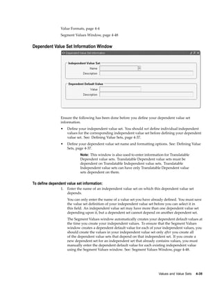 Value Formats, page 4-4
Segment Values Window, page 4-48
Dependent Value Set Information Window
Ensure the following has been done before you deﬁne your dependent value set
information.
• Deﬁne your independent value set. You should not deﬁne individual independent
values for the corresponding independent value set before deﬁning your dependent
value set. See: Deﬁning Value Sets, page 4-37.
• Deﬁne your dependent value set name and formatting options. See: Deﬁning Value
Sets, page 4-37.
Note: This window is also used to enter information for Translatable
Dependent value sets. Translatable Dependent value sets must be
dependent on Translatable Independent value sets. Translatable
Independent value sets can have only Translatable Dependent value
sets dependent on them.
To dene dependent value set information:
1. Enter the name of an independent value set on which this dependent value set
depends.
You can only enter the name of a value set you have already deﬁned. You must save
the value set deﬁnition of your independent value set before you can select it in
this ﬁeld. An independent value set may have more than one dependent value set
depending upon it, but a dependent set cannot depend on another dependent set.
The Segment Values window automatically creates your dependent default values at
the time you create your independent values. To ensure that the Segment Values
window creates a dependent default value for each of your independent values, you
should create the values in your independent value set only after you create all
of the dependent value sets that depend on that independent set. If you create a
new dependent set for an independent set that already contains values, you must
manually enter the dependent default value for each existing independent value
using the Segment Values window. See: Segment Values Window, page 4-48.
Values and Value Sets 4-39
 