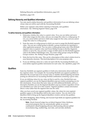 Deﬁning Hierarchy and Qualiﬁers Information, page 4-52
Qualiﬁers, page 4-52
Dening Hierarchy and Qualiers Information
You only need to deﬁne hierarchy and qualiﬁers information if you are deﬁning values
whose value set will be used with the Accounting Flexﬁeld.
Deﬁne your segment value before entering in hierarchy and qualiﬁers
information. See: Deﬁning Segment Values, page 4-50.
To dene hierarchy and qualiers information:
1. Determine whether this value is a parent value. If so, you can deﬁne and move
child value ranges for this value, and you can assign this value to a rollup group. If
not, you cannot deﬁne and move child value ranges for this value, and you cannot
assign this value to a rollup group.
2. Enter the name of a rollup group to which you want to assign this ﬂexﬁeld segment
value. You can use a rollup group to identify a group of parents for reporting or
other application purposes. You can enter a rollup group name only if this ﬂexﬁeld
segment value is a parent value and Freeze Rollup Groups in the Key Segments
window is set to No. You can enter a range of child values for this ﬂexﬁeld segment
value in the Deﬁne Child Ranges zone. You create rollup groups using the Rollup
Groups window. See: Rollup Groups Window, page 4-60.
3. Enter the level for this value. This can be a description of this value’s relative level in
your hierarchy structure. This level description is for your purposes only.
4. If you are deﬁning values for a value set used with the Accounting Flexﬁeld, you
must deﬁne segment qualiﬁer information for each value. See: Qualiﬁers, page 4-52.
Qualiers
Some key ﬂexﬁelds use segment qualiﬁers to hold extra information about individual
key segment values. For example, the Accounting Flexﬁeld uses segment qualiﬁers to
determine the account type of an account value or whether detail budgeting and detail
posting are allowed for an Accounting Flexﬁeld combination containing a given value.
If you are deﬁning values for any value set that is used by a key ﬂexﬁeld that uses
segment qualiﬁers, you see the Segment Qualiﬁers pop-up window prompting you for
this information. If you share this same value set with additional ﬂexﬁelds, such as a
descriptive ﬂexﬁeld, you see the Segment Qualiﬁers pop-up window regardless of how
you identiﬁed your value set in this window. Segment qualiﬁers contain information
about a value rather than the segment that uses the value.
After you have saved your segment qualiﬁer values, the values for your segment
qualiﬁers appear in the Qualiﬁers ﬁeld in the main window. You can click in the
Qualiﬁers ﬁeld to bring up the Segment Qualiﬁers window and see the qualiﬁers.
The Allow Budgeting, Allow Posting, and Account Type ﬁelds are segment qualiﬁers for
the Accounting Flexﬁeld.
Note: Oracle General Ledger has an Inherit Segment Value Attributes
concurrent program that can automatically update an account
combination’s detail budgeting allowed, detail posting allowed, global
reconciliation ﬂag, enabled ﬂag, start date, and end date attributes
4-52 Oracle Applications Flexelds Guide
 