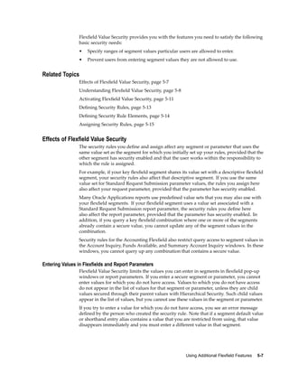 Flexﬁeld Value Security provides you with the features you need to satisfy the following
basic security needs:
• Specify ranges of segment values particular users are allowed to enter.
• Prevent users from entering segment values they are not allowed to use.
Related Topics
Effects of Flexﬁeld Value Security, page 5-7
Understanding Flexﬁeld Value Security, page 5-8
Activating Flexﬁeld Value Security, page 5-11
Deﬁning Security Rules, page 5-13
Deﬁning Security Rule Elements, page 5-14
Assigning Security Rules, page 5-15
Effects of Flexeld Value Security
The security rules you deﬁne and assign affect any segment or parameter that uses the
same value set as the segment for which you initially set up your rules, provided that the
other segment has security enabled and that the user works within the responsibility to
which the rule is assigned.
For example, if your key ﬂexﬁeld segment shares its value set with a descriptive ﬂexﬁeld
segment, your security rules also affect that descriptive segment. If you use the same
value set for Standard Request Submission parameter values, the rules you assign here
also affect your request parameter, provided that the parameter has security enabled.
Many Oracle Applications reports use predeﬁned value sets that you may also use with
your ﬂexﬁeld segments. If your ﬂexﬁeld segment uses a value set associated with a
Standard Request Submission report parameter, the security rules you deﬁne here
also affect the report parameter, provided that the parameter has security enabled. In
addition, if you query a key ﬂexﬁeld combination where one or more of the segments
already contain a secure value, you cannot update any of the segment values in the
combination.
Security rules for the Accounting Flexﬁeld also restrict query access to segment values in
the Account Inquiry, Funds Available, and Summary Account Inquiry windows. In these
windows, you cannot query up any combination that contains a secure value.
Entering Values in Flexelds and Report Parameters
Flexﬁeld Value Security limits the values you can enter in segments in ﬂexﬁeld pop-up
windows or report parameters. If you enter a secure segment or parameter, you cannot
enter values for which you do not have access. Values to which you do not have access
do not appear in the list of values for that segment or parameter, unless they are child
values secured through their parent values with Hierarchical Security. Such child values
appear in the list of values, but you cannot use these values in the segment or parameter.
If you try to enter a value for which you do not have access, you see an error message
deﬁned by the person who created the security rule. Note that if a segment default value
or shorthand entry alias contains a value that you are restricted from using, that value
disappears immediately and you must enter a different value in that segment.
Using Additional Flexeld Features 5-7
 