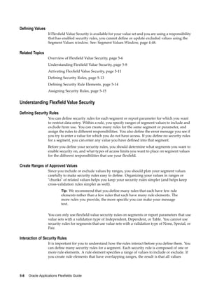 Dening Values
If Flexﬁeld Value Security is available for your value set and you are using a responsibility
that has enabled security rules, you cannot deﬁne or update excluded values using the
Segment Values window. See: Segment Values Window, page 4-48.
Related Topics
Overview of Flexﬁeld Value Security, page 5-6
Understanding Flexﬁeld Value Security, page 5-8
Activating Flexﬁeld Value Security, page 5-11
Deﬁning Security Rules, page 5-13
Deﬁning Security Rule Elements, page 5-14
Assigning Security Rules, page 5-15
Understanding Flexeld Value Security
Dening Security Rules
You can deﬁne security rules for each segment or report parameter for which you want
to restrict data entry. Within a rule, you specify ranges of segment values to include and
exclude from use. You can create many rules for the same segment or parameter, and
assign the rules to different responsibilities. You also deﬁne the error message you see if
you try to enter a value for which you do not have access. If you deﬁne no security rules
for a segment, you can enter any value you have deﬁned into that segment.
Before you deﬁne your security rules, you should determine what segments you want to
enable security on, and what types of access limits you want to place on segment values
for the different responsibilities that use your ﬂexﬁeld.
Create Ranges of Approved Values
Since you include or exclude values by ranges, you should plan your segment values
carefully to make security rules easy to deﬁne. Organizing your values in ranges or
"chunks" of related values helps you keep your security rules simpler (and helps keep
cross-validation rules simpler as well).
Tip: We recommend that you deﬁne many rules that each have few rule
elements rather than a few rules that each have many rule elements. The
more rules you provide, the more speciﬁc you can make your message
text.
You can only use ﬂexﬁeld value security rules on segments or report parameters that use
value sets with a validation type of Independent, Dependent, or Table. You cannot use
security rules for segments that use value sets with a validation type of None, Special, or
Pair.
Interaction of Security Rules
It is important for you to understand how the rules interact before you deﬁne them. You
can deﬁne many security rules for a segment. Each security rule is composed of one or
more rule elements. A rule element speciﬁes a range of values to include or exclude. If
you create rule elements that have overlapping ranges, the result is that all values
5-8 Oracle Applications Flexelds Guide
 