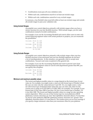 • Combinations must pass all cross-validation rules.
• Within each rule, combinations must be in at least one include range.
• Within each rule, combinations cannot be in any exclude ranges.
In summary, a key ﬂexﬁeld value must fall within at least one include range and outside
all exclude ranges to pass your validation rule.
Using Include Ranges
Accomplish your control objectives primarily with include ranges when you have a
stricter structure for your key ﬂexﬁeld structure. With include ranges, you list valid
combinations instead of invalid combinations.
For example, if you use the Accounting Flexﬁeld and want to allow users to enter only
certain balancing segment values with certain products or projects, you can enumerate
the possibilities:
Include: From 01–100
To 01–199
Include: From 02–200
To 02–399
Include: From 03–500
To 03–699
Using Exclude Ranges
Accomplish your control objectives primarily with exclude ranges when your key
ﬂexﬁeld structure is less structured and your key ﬂexﬁeld segments do not have
a lot of interdependencies. In this situation, you generally want to accept most
combinations. You just want some exceptions to this general rule.
For example, if you use the Accounting Flexﬁeld and want to prevent users from
entering balancing segment values 01 and 02 with departments greater than 899, you
can specify this exception:
Include: From 00–000
To 99–999
Exclude: From 01–900
To 02–999
Minimum and maximum possible values
The lowest and highest possible values in a range depend on the format type of your
value set. For example, you might create a value set with format type of Number where
the user can enter only the values between 0 and 100. Or, you might create a value
set with format type of Standard Date where the user can enter only dates for the
current year (a range of 01-JAN-2001 to 31-DEC-2001, for example). For example, if your
format type is Char, then 1000 is less than 110, but if your format type is Number, 110
is less than 1000. The lowest and highest possible values in a range are also operating
system dependent. When you use a Char format type for most platforms (ASCII
platforms), numeric characters are "less" than alphabetic characters (that is, 9 is less than
A), but for some platforms (EBCDIC platforms) numeric characters are "greater" than
alphabetic characters (that is, Z is less than 0). The window gives you an error message if
you specify a larger minimum value than your maximum value for your platform.
Using Additional Flexeld Features 5-21
 
