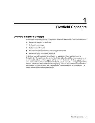 1
Flexeld Concepts
Overview of Flexeld Concepts
This chapter provides you with a conceptual overview of ﬂexﬁelds. You will learn about:
• the general features of ﬂexﬁelds
• ﬂexﬁelds terminology
• the beneﬁts of ﬂexﬁelds
• the distinction between a key and descriptive ﬂexﬁeld
• the overall setup process for ﬂexﬁelds
A ﬂexﬁeld is a ﬁeld made up of sub-ﬁelds, or segments. There are two types of
ﬂexﬁelds: key ﬂexﬁelds and descriptive ﬂexﬁelds. A key ﬂexﬁeld appears on your form
as a normal text ﬁeld with an appropriate prompt. A descriptive ﬂexﬁeld appears on
your form as a two-character-wide text ﬁeld with square brackets [ ] as its prompt. When
opened, both types of ﬂexﬁeld appear as a pop-up window that contains a separate ﬁeld
and prompt for each segment. Each segment has a name and a set of valid values. The
values may also have value descriptions.
Flexeld Concepts 1-1
 
