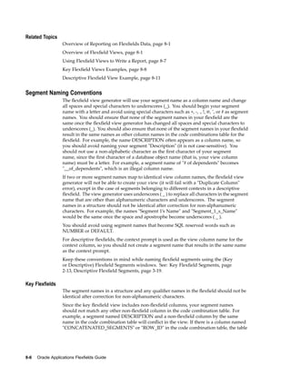 Related Topics
Overview of Reporting on Flexﬁelds Data, page 8-1
Overview of Flexﬁeld Views, page 8-1
Using Flexﬁeld Views to Write a Report, page 8-7
Key Flexﬁeld Views Examples, page 8-8
Descriptive Flexﬁeld View Example, page 8-11
Segment Naming Conventions
The ﬂexﬁeld view generator will use your segment name as a column name and change
all spaces and special characters to underscores (_). You should begin your segment
name with a letter and avoid using special characters such as +, -, ., !, @, ’, or # as segment
names. You should ensure that none of the segment names in your ﬂexﬁeld are the
same once the ﬂexﬁeld view generator has changed all spaces and special characters to
underscores (_). You should also ensure that none of the segment names in your ﬂexﬁeld
result in the same names as other column names in the code combinations table for the
ﬂexﬁeld. For example, the name DESCRIPTION often appears as a column name, so
you should avoid naming your segment "Description" (it is not case-sensitive). You
should not use a non-alphabetic character as the ﬁrst character of your segment
name, since the ﬁrst character of a database object name (that is, your view column
name) must be a letter. For example, a segment name of "# of dependents" becomes
"__of_dependents", which is an illegal column name.
If two or more segment names map to identical view column names, the ﬂexﬁeld view
generator will not be able to create your view (it will fail with a "Duplicate Column"
error), except in the case of segments belonging to different contexts in a descriptive
ﬂexﬁeld. The view generator uses underscores ( _ ) to replace all characters in the segment
name that are other than alphanumeric characters and underscores. The segment
names in a structure should not be identical after correction for non-alphanumeric
characters. For example, the names "Segment 1’s Name" and "Segment_1_s_Name"
would be the same once the space and apostrophe become underscores ( _ ).
You should avoid using segment names that become SQL reserved words such as
NUMBER or DEFAULT.
For descriptive ﬂexﬁelds, the context prompt is used as the view column name for the
context column, so you should not create a segment name that results in the same name
as the context prompt.
Keep these conventions in mind while naming ﬂexﬁeld segments using the (Key
or Descriptive) Flexﬁeld Segments windows. See: Key Flexﬁeld Segments, page
2-13, Descriptive Flexﬁeld Segments, page 3-19.
Key Flexelds
The segment names in a structure and any qualiﬁer names in the ﬂexﬁeld should not be
identical after correction for non-alphanumeric characters.
Since the key ﬂexﬁeld view includes non-ﬂexﬁeld columns, your segment names
should not match any other non-ﬂexﬁeld column in the code combination table. For
example, a segment named DESCRIPTION and a non-ﬂexﬁeld column by the same
name in the code combination table will conﬂict in the view. If there is a column named
"CONCATENATED_SEGMENTS" or "ROW_ID" in the code combination table, the table
8-6 Oracle Applications Flexelds Guide
 