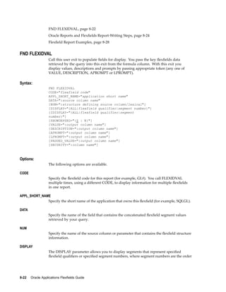 FND FLEXIDVAL, page 8-22
Oracle Reports and Flexﬁelds Report-Writing Steps, page 8-24
Flexﬁeld Report Examples, page 8-28
FND FLEXIDVAL
Call this user exit to populate ﬁelds for display. You pass the key ﬂexﬁelds data
retrieved by the query into this exit from the formula column. With this exit you
display values, descriptions and prompts by passing appropriate token (any one of
VALUE, DESCRIPTION, APROMPT or LPROMPT).
Syntax:
FND FLEXIDVAL
CODE="flexfield code"
APPL_SHORT_NAME="application short name"
DATA=":source column name"
[NUM=":structure defining source column/lexical"]
[DISPLAY="{ALL|flexfield qualifier|segment number}"]
[IDISPLAY="{ALL|flexfield qualifier|segment
number}"]
[SHOWDEPSEG="{Y | N}"]
[VALUE=":output column name"]
[DESCRIPTION=":output column name"]
[APROMPT=":output column name"]
[LPROMPT=":output column name"]
[PADDED_VALUE=":output column name"]
[SECURITY=":column name"]
Options:
The following options are available.
CODE
Specify the ﬂexﬁeld code for this report (for example, GL#). You call FLEXIDVAL
multiple times, using a different CODE, to display information for multiple ﬂexﬁelds
in one report.
APPL_SHORT_NAME
Specify the short name of the application that owns this ﬂexﬁeld (for example, SQLGL).
DATA
Specify the name of the ﬁeld that contains the concatenated ﬂexﬁeld segment values
retrieved by your query.
NUM
Specify the name of the source column or parameter that contains the ﬂexﬁeld structure
information.
DISPLAY
The DISPLAY parameter allows you to display segments that represent speciﬁed
ﬂexﬁeld qualiﬁers or speciﬁed segment numbers, where segment numbers are the order
8-22 Oracle Applications Flexelds Guide
 
