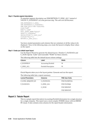 Step 8 - Populate segment descriptions
To populate segment description use DESCRIPTION="C_DESC_ALL" instead of
VALUE="C_FLEXFIELD" as in the previous step. The user exit call becomes:
SRW.REFERENCE(:C_NUM);
SRW.REFERENCE(:C_FLEXDATA);
SRW.USER_EXIT(’FND FLEXIDVAL
CODE="GL#"
NUM=":C_NUM"
APPL_SHORT_NAME="SQLGL"
DATA=":C_FLEXDATA"
DESCRIPTION=":C_DESC_ALL"
DISPLAY="ALL"’);
RETURN(:C_DESC_ALL);
You have created parameters and columns that are containers of all the values to be
displayed. Now, in the following steps, you create the layout to display these values
on the report.
Step 9 - Create your default report layout
Use the Report Wizard to generate the default layout. Deselect C_FLEXDATA and
C_NUM. Specify "Label" and reasonable "Width" for these columns.
The following table lists the default layout column settings:
Column Label Width
C_FLEXFIELD Accounting Flexﬁeld 30
C_DESC_ALL Flexﬁeld Description 50
Oracle Reports takes you to the layout painter. Generate and run the report.
The following table lists a report summary:
Lexical Parameters Columns FND User Exits
P_CONC_REQUEST_ID C_FLEXDATA FND FLEXIDVAL
P_FLEXDATA C_DESC_ALL FND FLEXSQL
C_NUM FND SRWINIT
FND SRWEXIT
Report 3: Tabular Report
This is a sample report that selects Accounting Flexﬁeld information for a single structure
for a single company. This report uses a more complex WHERE clause with an ORDER
BY clause. It also contains extra columns for the report header information.
8-34 Oracle Applications Flexelds Guide
 