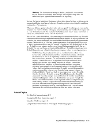 Warning: You should never change or delete a predeﬁned value set that
Oracle Applications supply. Such changes may unpredictably affect the
behavior of your application features such as reporting.
You use the Special Validation Routines window of the Value Set form to deﬁne special
user exit validation for a Special value set. You also use that region to deﬁne validation
routines for a Pair value set.
When you deﬁne a special validation value set, you specify two things: an event and a
function. The event is the time when your function occurs, and your function is your call
to a key ﬂexﬁeld user exit. For example, the Validate event occurs once a user enters a
value, and your function would validate that value.
You can use a special validation value set to let your users enter an entire key ﬂexﬁeld
combination within a single segment of a descriptive ﬂexﬁeld or report parameter. For
example, you may want to pass concatenated key ﬂexﬁeld segments as a parameter to
a report. With this type of value set, a user can enter the descriptive ﬂexﬁeld segment
or report parameter and then see the "normal" behavior of a key ﬂexﬁeld, such as the
key ﬂexﬁeld pop-up window and segment Lists of Values associated with that key
ﬂexﬁeld. You can use Oracle Application Object Library ﬂexﬁeld routines to perform
ﬂexﬁeld data entry and validation functions on segment values or report parameters.
Caution: You should take special care to avoid a situation where you
have a value set that contains a ﬂexﬁeld which in turn contains a ﬂexﬁeld
(as a value set of one of its segments). There are two situations where
this could cause a problem. The ﬁrst situation (recursion) is where a
ﬂexﬁeld calls itself as one of its segments, leading to an inﬁnite chain
of pop–up windows. Such a loop may also be indirect. The second
potential problem may lead to data truncation and data corruption
problems: since a ﬂexﬁeld is often passed as its concatenated ﬂexﬁeld
values, the length of these concatenated ﬂexﬁelds can quickly exceed the
maximum size of the value set and the underlying segment column in
the ﬂexﬁeld table. This is less likely to cause a problem for key ﬂexﬁelds
than for descriptive ﬂexﬁelds or range ﬂexﬁelds, because key ﬂexﬁelds
are usually passed as a single code combination ID number instead of as
concatenated segment values and therefore take less space. Though the
Deﬁne Value Set form and the Deﬁne Segments forms do not prevent you
from deﬁning ﬂexﬁeld loops or multiple ﬂexﬁelds within ﬂexﬁelds, you
can cause serious truncation problems and possible data corruption
problems in your application by allowing this to occur. Plan and deﬁne
your value sets carefully to avoid these value sets within value sets.
Related Topics
Key Flexﬁeld Segments, page 2-13
Descriptive Flexﬁeld Segments, page 3-19
Value Set Windows, page 4-36
Using Flexﬁeld Information in Your Report Parameters, page 7-3
Key Flexeld Routines for Special Validation 9-15
 