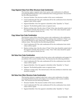 Copy Segment Value from Other Structure Code Combination
This function copies a segment value from a given code combination of a different
accounting ﬂexﬁeld structure to the combination that is being generated. This function
has the following attributes:
• Structure Number: The structure number of the source combination.
• Code Combination ID: The code combination ID for the combination from which the
segment value will be copied.
• Segment Identiﬁer: How the segment is identiﬁed, either "Qualiﬁer" or "Name".
• Segment: The ﬂexﬁeld qualiﬁer name or segment name.
• Replace existing value: Has the value of "False" if the value should be copied only if
the segment currently does not have a value, "True" if the value should be copied
even if the segment already has one.
Copy Values from Code Combination
This function copies all the values from a given code combination to the combination
that is being generated. If you set the "Replace existing value" attribute to "False", you
can use this function to copy values from a default code combination to segments
without values. This function has the following attributes:
• Code Combination ID: The code combination ID for the combination from which
values will be copied.
• Replace existing value: Has the value of "False" if the value should be copied only if
the segment currently does not have a value, "True" if the value should be copied
even if the segment already has one.
Get Value from Code Combination
This function retrieves a segment value from a given code combination and assigns it to
an attribute of the current workﬂow item. This function has the following attributes:
• Code Combination ID: The code combination ID for the combination from which
values will be copied.
• Segment Identiﬁer: How the segment is identiﬁed, either "Qualiﬁer" or "Name".
• Segment: The ﬂexﬁeld qualiﬁer name or segment name.
• Attribute to assign value: The internal name of the item attribute to which the value
should be assigned.
Get Value from Other Structure Code Combination
This function retrieves a segment value from a given code combination of another
accounting ﬂexﬁeld structure and assigns it to an attribute of the current workﬂow
item. This function has the following attributes:
• Structure Number: The structure number of the source combination.
• Code Combination ID: The code combination ID for the combination from which
values will be copied.
• Segment Identiﬁer: How the segment is identiﬁed, either "Qualiﬁer" or "Name".
Account Generator 10-11
 