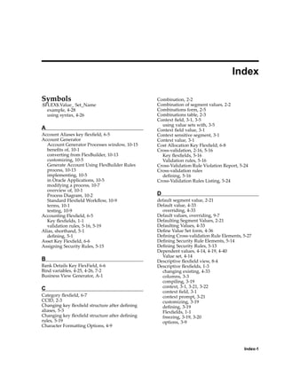 Index
Symbols
:$FLEX$.Value_ Set_Name
example, 4-28
using syntax, 4-26
A
Account Aliases key ﬂexﬁeld, 6-5
Account Generator
Account Generator Processes window, 10-15
beneﬁts of, 10-1
converting from FlexBuilder, 10-13
customizing, 10-5
Generate Account Using FlexBuilder Rules
process, 10-13
implementing, 10-5
in Oracle Applications, 10-5
modifying a process, 10-7
overview of, 10-1
Process Diagram, 10-2
Standard Flexﬁeld Workﬂow, 10-9
terms, 10-1
testing, 10-9
Accounting Flexﬁeld, 6-5
Key ﬂexﬁelds, 1-1
validation rules, 5-16, 5-19
Alias, shorthand, 5-1
deﬁning, 5-1
Asset Key Flexﬁeld, 6-6
Assigning Security Rules, 5-15
B
Bank Details Key FlexField, 6-6
Bind variables, 4-25, 4-26, 7-2
Business View Generator, A-1
C
Category ﬂexﬁeld, 6-7
CCID, 2-3
Changing key ﬂexﬁeld structure after deﬁning
aliases, 5-3
Changing key ﬂexﬁeld structure after deﬁning
rules, 5-19
Character Formatting Options, 4-9
Combination, 2-2
Combination of segment values, 2-2
Combinations form, 2-5
Combinations table, 2-3
Context ﬁeld, 3-1, 3-5
using value sets with, 3-5
Context ﬁeld value, 3-1
Context sensitive segment, 3-1
Context value, 3-1
Cost Allocation Key Flexﬁeld, 6-8
Cross-validation, 2-16, 5-16
Key ﬂexﬁelds, 5-16
Validation rules, 5-16
Cross-Validation Rule Violation Report, 5-24
Cross-validation rules
deﬁning, 5-16
Cross-Validation Rules Listing, 5-24
D
default segment value, 2-21
Default value, 4-33
overriding, 4-33
Default values, overriding, 9-7
Defaulting Segment Values, 2-21
Defaulting Values, 4-33
Deﬁne Value Set form, 4-36
Deﬁning Cross-validation Rule Elements, 5-27
Deﬁning Security Rule Elements, 5-14
Deﬁning Security Rules, 5-13
Dependent values, 4-14, 4-19, 4-40
Value set, 4-14
Descriptive ﬂexﬁeld view, 8-4
Descriptive ﬂexﬁelds, 1-3
changing existing, 4-33
columns, 3-3
compiling, 3-19
context, 3-1, 3-21, 3-22
context ﬁeld, 3-1
context prompt, 3-21
customizing, 3-19
deﬁning, 3-19
Flexﬁelds, 1-1
freezing, 3-19, 3-20
options, 3-9
Index-1
 