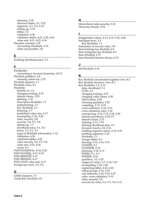 planning, 3-18
reference ﬁelds, 3-1, 3-22
segments, 3-1, 3-3, 3-19
setting up, 3-19
tables, 3-3
validation, 4-36
validation tables, 4-21, 4-22, 4-41
value sets, 4-21, 4-22, 4-36
Dynamic insertion, 2-8
Accounting Flexﬁelds, 5-19
when not possible, 2-8
E
Enabling shorthand entry, 5-3
F
FlexBuilder
converting to Account Generator, 10-13
Flexﬁeld qualiﬁers, 2-4
choosing values for, 2-25
Flexﬁeld segment, 1-1
Flexﬁeld views, 8-1
Flexﬁelds
beneﬁts of, 1-4
changing existing, 4-33
default values, 2-23
deﬁning, 1-10
Descriptive ﬂexﬁelds, 1-1
implementing, 1-7
Key ﬂexﬁelds, 1-1
planning, 1-7
predeﬁned value sets, 4-17
recompiling, 2-14, 3-20
rules, security, 5-8
security, 5-6, 5-7, 5-8
setting up, 1-7
shorthand entry, 5-1, 5-2
terms, 1-5, 2-1, 3-1
types of ﬂexﬁelds information, 1-12
validation, 4-36
validation tables, 4-22
value security, 5-6, 5-7, 5-8
value sets, 4-21, 4-36
views, 8-1
FND FLEXIDVAL, 8-18, 8-22
FND FLEXSQL, 8-17, 8-19
FND SRWEXIT, 8-17
FND SRWINIT, 8-17
FND_DATE value sets, 4-17
Foreign key form, 2-5, 2-6
G
Global segment, 3-1
Grade Key Flexﬁeld, 6-8
H
Hierarchical value security, 5-10
Hierarchy Details, 4-54
I
Independent values, 4-13, 4-19, 4-33, 4-40
Intelligent keys, 2-1
Key ﬂexﬁelds, 1-1
Interaction of security rules, 5-8
Item Catalogs key ﬂexﬁeld, 6-9
Item Categories key ﬂexﬁeld, 6-9
Item Flexﬁeld, 6-15
Item Flexﬁeld (System Items), 6-15
J
Job Flexﬁeld, 6-10
K
Key ﬂexﬁeld concatenated segment view, 8-2
Key ﬂexﬁeld structure view, 8-3
Key ﬂexﬁelds, 1-2, 2-16
alias, shorthand, 5-1
CCID, 2-3
changing existing, 4-33
changing valid values, 4-50
child values, 4-54
choosing qualiﬁers, 2-25
compiling, 2-13, 3-19
cross-validation, 5-16, 5-19
cross-validation rules, 5-16
customizing, 2-14, 2-15, 2-18, 3-20
default precedence, 4-33, 9-7
default values, 2-23
deﬁning, 2-13, 3-19
deﬁning shorthand alias, 5-1
dynamic inserts, 2-8, 2-16
enabling segment values, 2-15, 4-51
enabling segments, 2-18
Flexﬁelds, 1-1
foreign tables, 9-1
freezing, 2-13, 2-16, 3-19
LOADID, 9-1
LOADIDR, 9-10
planning, 2-10, 2-11
POPID, 9-1, 9-1
POPIDR, 9-10
qualiﬁers, 2-5, 2-25
ranges of values, 2-7, 5-14, 5-27
recompiling, 2-14, 3-20
registering tables, 4-22, 4-41
rollup groups, 2-16, 4-52
rule elements, 5-14, 5-19, 5-27
rules, cross-validation, 5-19
rules, security, 5-8
security by value, 5-6, 5-7, 5-8, 5-12
Index-2
 