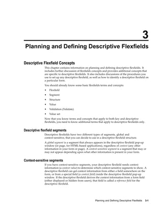 3
Planning and Dening Descriptive Flexelds
Descriptive Flexeld Concepts
This chapter contains information on planning and deﬁning descriptive ﬂexﬁelds. It
includes further discussion of ﬂexﬁelds concepts and provides additional concepts that
are speciﬁc to descriptive ﬂexﬁelds. It also includes discussions of the procedures you
use to set up any descriptive ﬂexﬁeld, as well as how to identify a descriptive ﬂexﬁeld on
a particular form.
You should already know some basic ﬂexﬁelds terms and concepts:
• Flexﬁeld
• Segment
• Structure
• Value
• Validation (Validate)
• Value set
Now that you know terms and concepts that apply to both key and descriptive
ﬂexﬁelds, you need to know additional terms that apply to descriptive ﬂexﬁelds only.
Descriptive exeld segments
Descriptive ﬂexﬁelds have two different types of segments, global and
context-sensitive, that you can decide to use in a descriptive ﬂexﬁeld structure.
A global segment is a segment that always appears in the descriptive ﬂexﬁeld pop-up
window (or page, for HTML-based applications), regardless of context (any other
information in your form or page). A context-sensitive segment is a segment that may or
may not appear depending upon what other information is present in your form.
Context-sensitive segments
If you have context-sensitive segments, your descriptive ﬂexﬁeld needs context
information (a context value) to determine which context-sensitive segments to show. A
descriptive ﬂexﬁeld can get context information from either a ﬁeld somewhere on the
form, or from a special ﬁeld (a context ﬁeld) inside the descriptive ﬂexﬁeld pop-up
window. If the descriptive ﬂexﬁeld derives the context information from a form ﬁeld
(either displayed or hidden from users), that ﬁeld is called a reference ﬁeld for the
descriptive ﬂexﬁeld.
Planning and Dening Descriptive Flexelds 3-1
 