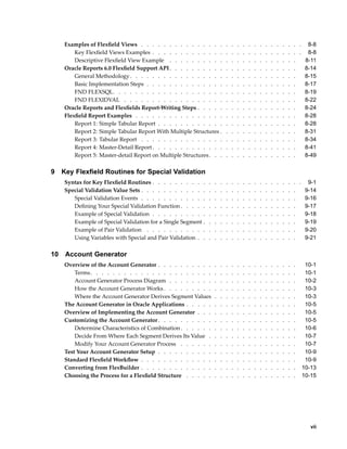 Examples of Flexﬁeld Views . . . . . . . . . . . . . . . . . . . . . . . . . . . . . 8-8
Key Flexﬁeld Views Examples . . . . . . . . . . . . . . . . . . . . . . . . . . . 8-8
Descriptive Flexﬁeld View Example . . . . . . . . . . . . . . . . . . . . . . . 8-11
Oracle Reports 6.0 Flexﬁeld Support API. . . . . . . . . . . . . . . . . . . . . . . 8-14
General Methodology. . . . . . . . . . . . . . . . . . . . . . . . . . . . . . 8-15
Basic Implementation Steps . . . . . . . . . . . . . . . . . . . . . . . . . . . 8-17
FND FLEXSQL. . . . . . . . . . . . . . . . . . . . . . . . . . . . . . . . . 8-19
FND FLEXIDVAL . . . . . . . . . . . . . . . . . . . . . . . . . . . . . . . 8-22
Oracle Reports and Flexﬁelds Report-Writing Steps . . . . . . . . . . . . . . . . . . 8-24
Flexﬁeld Report Examples . . . . . . . . . . . . . . . . . . . . . . . . . . . . . 8-28
Report 1: Simple Tabular Report . . . . . . . . . . . . . . . . . . . . . . . . . 8-28
Report 2: Simple Tabular Report With Multiple Structures . . . . . . . . . . . . . . 8-31
Report 3: Tabular Report . . . . . . . . . . . . . . . . . . . . . . . . . . . . 8-34
Report 4: Master-Detail Report. . . . . . . . . . . . . . . . . . . . . . . . . . 8-41
Report 5: Master-detail Report on Multiple Structures. . . . . . . . . . . . . . . . 8-49
9 Key Flexeld Routines for Special Validation
Syntax for Key Flexﬁeld Routines . . . . . . . . . . . . . . . . . . . . . . . . . . . 9-1
Special Validation Value Sets . . . . . . . . . . . . . . . . . . . . . . . . . . . . 9-14
Special Validation Events . . . . . . . . . . . . . . . . . . . . . . . . . . . . 9-16
Deﬁning Your Special Validation Function . . . . . . . . . . . . . . . . . . . . . 9-17
Example of Special Validation . . . . . . . . . . . . . . . . . . . . . . . . . . 9-18
Example of Special Validation for a Single Segment . . . . . . . . . . . . . . . . . 9-19
Example of Pair Validation . . . . . . . . . . . . . . . . . . . . . . . . . . . 9-20
Using Variables with Special and Pair Validation . . . . . . . . . . . . . . . . . . 9-21
10 Account Generator
Overview of the Account Generator . . . . . . . . . . . . . . . . . . . . . . . . . 10-1
Terms. . . . . . . . . . . . . . . . . . . . . . . . . . . . . . . . . . . . . 10-1
Account Generator Process Diagram . . . . . . . . . . . . . . . . . . . . . . . 10-2
How the Account Generator Works . . . . . . . . . . . . . . . . . . . . . . . . 10-3
Where the Account Generator Derives Segment Values . . . . . . . . . . . . . . . 10-3
The Account Generator in Oracle Applications . . . . . . . . . . . . . . . . . . . . 10-5
Overview of Implementing the Account Generator . . . . . . . . . . . . . . . . . . 10-5
Customizing the Account Generator. . . . . . . . . . . . . . . . . . . . . . . . . 10-5
Determine Characteristics of Combination. . . . . . . . . . . . . . . . . . . . . 10-6
Decide From Where Each Segment Derives Its Value . . . . . . . . . . . . . . . . 10-7
Modify Your Account Generator Process . . . . . . . . . . . . . . . . . . . . . 10-7
Test Your Account Generator Setup . . . . . . . . . . . . . . . . . . . . . . . . . 10-9
Standard Flexﬁeld Workﬂow . . . . . . . . . . . . . . . . . . . . . . . . . . . . 10-9
Converting from FlexBuilder . . . . . . . . . . . . . . . . . . . . . . . . . . . . 10-13
Choosing the Process for a Flexﬁeld Structure . . . . . . . . . . . . . . . . . . . . 10-15
vii
 