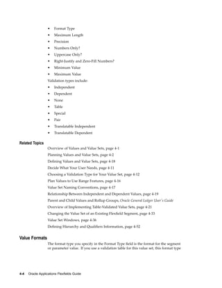 • Format Type
• Maximum Length
• Precision
• Numbers Only?
• Uppercase Only?
• Right-Justify and Zero-Fill Numbers?
• Minimum Value
• Maximum Value
Validation types include:
• Independent
• Dependent
• None
• Table
• Special
• Pair
• Translatable Independent
• Translatable Dependent
Related Topics
Overview of Values and Value Sets, page 4-1
Planning Values and Value Sets, page 4-2
Deﬁning Values and Value Sets, page 4-18
Decide What Your User Needs, page 4-11
Choosing a Validation Type for Your Value Set, page 4-12
Plan Values to Use Range Features, page 4-16
Value Set Naming Conventions, page 4-17
Relationship Between Independent and Dependent Values, page 4-19
Parent and Child Values and Rollup Groups, Oracle General Ledger User's Guide
Overview of Implementing Table-Validated Value Sets, page 4-21
Changing the Value Set of an Existing Flexﬁeld Segment, page 4-33
Value Set Windows, page 4-36
Deﬁning Hierarchy and Qualiﬁers Information, page 4-52
Value Formats
The format type you specify in the Format Type ﬁeld is the format for the segment
or parameter value. If you use a validation table for this value set, this format type
4-4 Oracle Applications Flexelds Guide
 