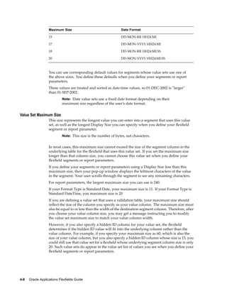Maximum Size Date Format
15 DD-MON-RR HH24:MI
17 DD-MON-YYYY HH24:MI
18 DD-MON-RR HH24:MI:SS
20 DD-MON-YYYY HH24:MI:SS
You can use corresponding default values for segments whose value sets use one of
the above sizes. You deﬁne these defaults when you deﬁne your segments or report
parameters.
These values are treated and sorted as date-time values, so 01-DEC-2002 is "larger"
than 01-SEP-2002.
Note: Date value sets use a ﬁxed date format depending on their
maximum size regardless of the user’s date format.
Value Set Maximum Size
This size represents the longest value you can enter into a segment that uses this value
set, as well as the longest Display Size you can specify when you deﬁne your ﬂexﬁeld
segment or report parameter.
Note: This size is the number of bytes, not characters.
In most cases, this maximum size cannot exceed the size of the segment column in the
underlying table for the ﬂexﬁeld that uses this value set. If you set the maximum size
longer than that column size, you cannot choose this value set when you deﬁne your
ﬂexﬁeld segments or report parameters.
If you deﬁne your segments or report parameters using a Display Size less than this
maximum size, then your pop-up window displays the leftmost characters of the value
in the segment. Your user scrolls through the segment to see any remaining characters.
For report parameters, the largest maximum size you can use is 240.
If your Format Type is Standard Date, your maximum size is 11. If your Format Type is
Standard DateTime, you maximum size is 20
If you are deﬁning a value set that uses a validation table, your maximum size should
reﬂect the size of the column you specify as your value column. The maximum size must
also be equal to or less than the width of the destination segment column. Therefore, after
you choose your value column size, you may get a message instructing you to modify
the value set maximum size to match your value column width.
However, if you also specify a hidden ID column for your value set, the ﬂexﬁeld
determines if the hidden ID value will ﬁt into the underlying column rather than the
value column. For example, if you specify your maximum size as 60, which is also the
size of your value column, but you also specify a hidden ID column whose size is 15, you
could still use that value set for a ﬂexﬁeld whose underlying segment column size is only
20. Such value sets do appear in the value set list of values you see when you deﬁne your
ﬂexﬁeld segments or report parameters.
4-8 Oracle Applications Flexelds Guide
 