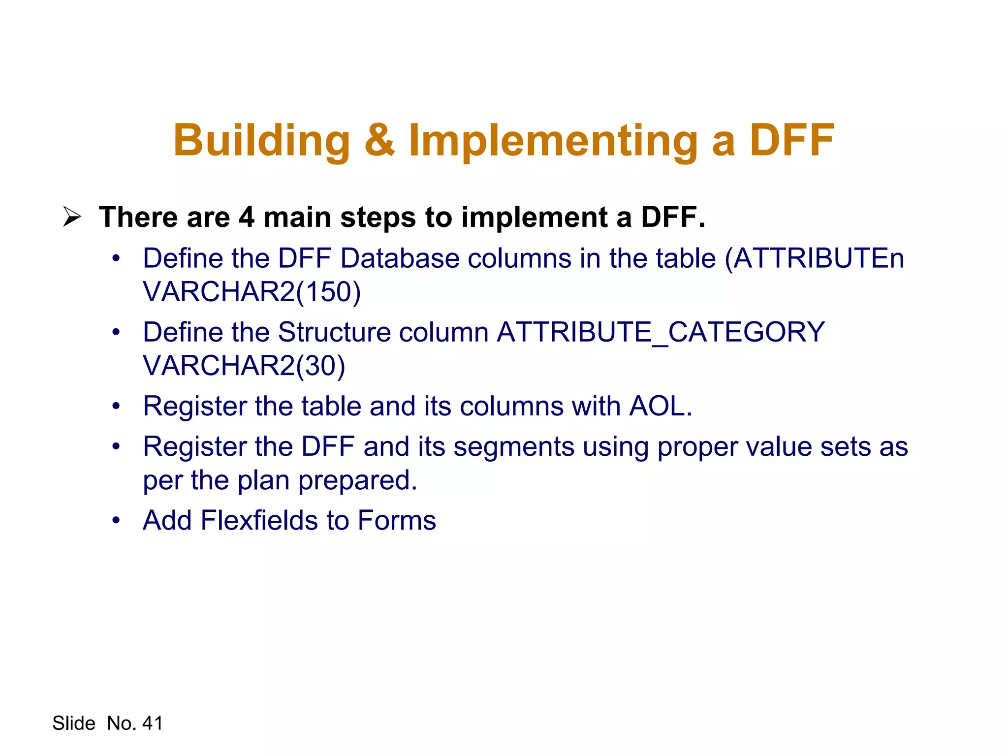 Slide No. 41
Building & Implementing a DFF
 There are 4 main steps to implement a DFF.
• Define the DFF Database columns in the table (ATTRIBUTEn
VARCHAR2(150)
• Define the Structure column ATTRIBUTE_CATEGORY
VARCHAR2(30)
• Register the table and its columns with AOL.
• Register the DFF and its segments using proper value sets as
per the plan prepared.
• Add Flexfields to Forms
 