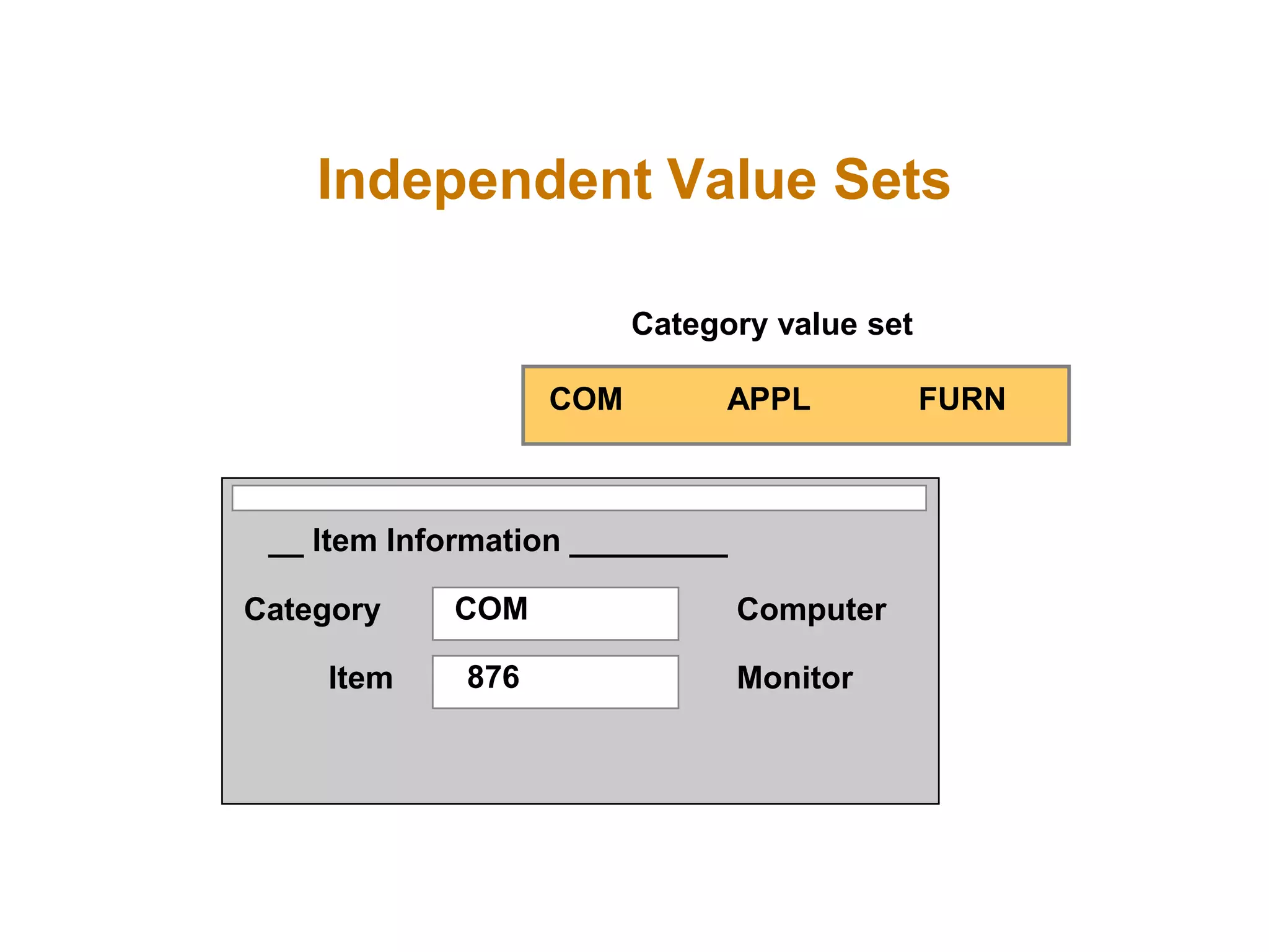Independent Value Sets
__ Item Information _________
Category
Item
Computer
Monitor
COM
876
COM APPL FURN
Category value set
 