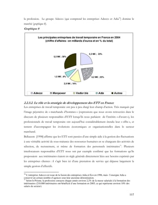 117
la profession. Le groupe Adecco (qui comprend les entreprises Adecco et Adia70
) domine le
marché (graphique 8).
Graphique 8
Les principales entreprises de travail temporaire en France en 2004
(chiffre d'affaires - en milliards d'euros et en % du total)
5,5 M€ ; 30%
1,5 M€ ; 8%
2,9 M€ ; 16%
4,2 M€ ; 23%
4,3 M€ ; 23%
Adecco Manpower Vedior bis Adia Autres
2.2.3.2. Le rôle et la stratégie de développement des ETT en France
Les entreprises de travail temporaire ont peu à peu élargi leur champ d’action. Très marqués par
l’image péjorative de « marchands d’hommes » (expressions que nous avons retrouvées dans le
discours de plusieurs responsables d’ETT lorsqu’ils nous parlaient de l’intérim « d’avant »), les
professionnels de travail temporaire ont aujourd’hui considérablement étendu leur « offre », et
tentent d’accompagner les évolutions économiques et organisationnelles dans le secteur
marchand.
Belkacem [1998] affirme que les ETT sont passées d’une simple aide à la gestion des fluctuations
à une véritable activité de sous-traitance des ressources humaines en se chargeant des activités de
sélection, de recrutement, et même de formation des personnels intérimaires71
. Plusieurs
interlocuteurs responsables d’ETT nous ont par exemple confirmé que les formations qu’ils
proposaient aux intérimaires étaient en règle générale directement liées aux besoins exprimés par
les entreprises clientes : il s’agit bien ici d’une prestation de service qui dépasse largement la
simple gestion d’effectifs.
70
L’entreprise Adecco est issue de la fusion des entreprises Adia et Eco en 1996, mais l’enseigne Adia a
conservé un certain nombre d’agences sous leur ancienne dénomination.
71
Selon le Prisme, la profession consacre chaque année environ 2,2% de la masse salariale à la formation des
intérimaires (210.000 intérimaires ont bénéficié d’une formation en 2005, ce qui représente environ 10% des
salaris du secteur).
 