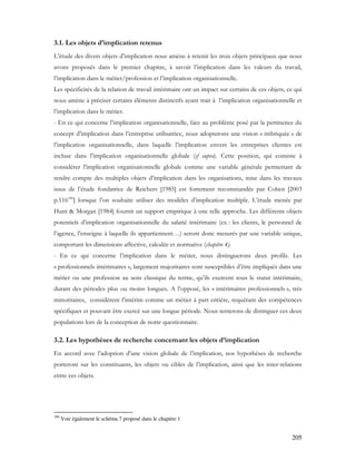 205
3.1. Les objets d’implication retenus
L’étude des divers objets d’implication nous amène à retenir les trois objets principaux que nous
avons proposés dans le premier chapitre, à savoir l’implication dans les valeurs du travail,
l’implication dans le métier/profession et l’implication organisationnelle.
Les spécificités de la relation de travail intérimaire ont un impact sur certains de ces objets, ce qui
nous amène à préciser certains éléments distinctifs ayant trait à l’implication organisationnelle et
l’implication dans le métier.
- En ce qui concerne l’implication organisationnelle, face au problème posé par la pertinence du
concept d’implication dans l’entreprise utilisatrice, nous adopterons une vision « imbriquée » de
l’implication organisationnelle, dans laquelle l’implication envers les entreprises clientes est
incluse dans l’implication organisationnelle globale (cf supra). Cette position, qui consiste à
considérer l’implication organisationnelle globale comme une variable générale permettant de
rendre compte des multiples objets d’implication dans les organisations, mise dans les travaux
issus de l’étude fondatrice de Reichers [1985] est fortement recommandée par Cohen [2003
p.116100
] lorsque l’on souhaite utiliser des modèles d’implication multiple. L’étude menée par
Hunt & Morgan [1984] fournit un support empirique à une telle approche. Les différents objets
potentiels d’implication organisationnelle du salarié intérimaire (ex : les clients, le personnel de
l’agence, l’enseigne à laquelle ils appartiennent…) seront donc mesurés par une variable unique,
comportant les dimensions affective, calculée et normative (chapitre 4).
- En ce qui concerne l’implication dans le métier, nous distinguerons deux profils. Les
« professionnels intérimaires », largement majoritaires sont susceptibles d’être impliqués dans une
métier ou une profession au sens classique du terme, qu’ils exercent sous le statut intérimaire,
durant des périodes plus ou moins longues. A l’opposé, les « intérimaires professionnels », très
minoritaires, considèrent l’intérim comme un métier à part entière, requérant des compétences
spécifiques et pouvant être exercé sur une longue période. Nous tenterons de distinguer ces deux
populations lors de la conception de notre questionnaire.
3.2. Les hypothèses de recherche concernant les objets d’implication
En accord avec l’adoption d’une vision globale de l’implication, nos hypothèses de recherche
porteront sur les constituants, les objets ou cibles de l’implication, ainsi que les inter-relations
entre ces objets.
100
Voir également le schéma 7 proposé dans le chapitre 1
 