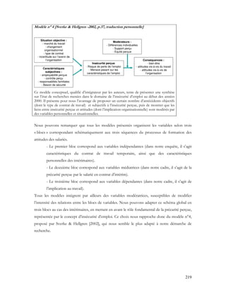 219
Modèle n° 4 [Sverke & Hellgren -2002, p.37, traduction personnelle]
Conséquences :
- bien-être
- attitudes vis-à-vis du travail
- attitudes vis-à-vis de
l’organisation
Situation objective :
- marché du travail
- changement
organisationnel
- type de contrat
- incertitude sur l’avenir de
l’organisation
Caractéristiques
subjectives :
- employabilité perçue
- contrôle perçu
- responsablités familiales
- Besoin de sécurité
Modérateurs :
- Différences individuelles
- Support perçu
- Equité perçue
Insécurité perçue
- Risque de perte de l’emploi
- Menace pesant sur les
caractéristiques de l’emploi
Ce modèle conceptuel, qualifié d’intégrateur par les auteurs, tente de présenter une synthèse
sur l’état de recherches menées dans le domaine de l’insécurité d’emploi au début des années
2000. Il présente pour nous l’avantage de proposer un certain nombre d’antécédents objectifs
(dont le type de contrat de travail) et subjectifs à l’insécurité perçue, puis de montrer que les
liens entre insécurité perçue et attitudes (dont l’implication organisationnelle) sont modérés par
des variables personnelles et situationnelles.
Nous pouvons remarquer que tous les modèles présentés organisent les variables selon trois
« blocs » correspondant schématiquement aux trois séquences du processus de formation des
attitudes des salariés.
- Le premier bloc correspond aux variables indépendantes (dans notre enquête, il s’agit
caractéristiques du contrat de travail temporaire, ainsi que des caractéristiques
personnelles des intérimaires).
- Le deuxième bloc correspond aux variables médiatrices (dans notre cadre, il s’agit de la
précarité perçue par le salarié en contrat d’intérim).
- Le troisième bloc correspond aux variables dépendantes (dans notre cadre, il s’agit de
l’implication au travail).
Tous les modèles intègrent par ailleurs des variables modératrices, susceptibles de modifier
l’intensité des relations entre les blocs de variables. Nous pouvons adapter ce schéma global en
trois blocs au cas des intérimaires, en mettant en avant le rôle fondamental de la précarité perçue,
représentée par le concept d’insécurité d’emploi. Ce choix nous rapproche donc du modèle n°4,
proposé par Sverke & Hellgren [2002], qui nous semble le plus adapté à notre démarche de
recherche.
 
