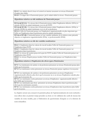 257
H 4.3 : Les salariés dont le locus of control est interne ressentent un niveau d’insécurité
d’emploi plus faible.
H 4.4 : Un degré élevé d’autonomie perçue par le salarié réduit le niveau d’insécurité perçue.
Hypothèses relatives au rôle médiateur de l’insécurité perçue
H 5.1a & H 5.1.b : Un niveau élevé d’insécurité perçue réduit l’implication affective (H51a) et
calculée (H51b) du salarié intérimaire vis-à-vis de l’ETT.
H 5.2a & H 5.2b : Un niveau élevé d’insécurité perçue réduit l’implication affective (H52a) et
calculée (H52b) du salarié intérimaire vis-à-vis de sa profession
H 5.3. L’effet de l’insécurité perçue sur l’implication organisationnelle est plus important que
l’effet sur l’implication dans la profession pour les salariés intérimaires
H 5.4a et H 5.4b. L’insécurité perçue est une variable médiatrice de la relation entre précarité
objective et implication organisationnelle (H54a) et professionnelle (H54b)
Hypothèses relatives au rôle des variables modératrices
H 6.1 : L’implication dans les valeurs du travail modère l’effet de l’insécurité perçue sur
l’implication dans l’ETT.
H 6.2 : L’implication dans les valeurs du travail modère l’effet de l’insécurité perçue sur
l’implication dans la profession
H 6.3 : Le niveau de soutien perçu de la part de l’ETT modère l’effet de l’insécurité perçue sur
l’implication dans l’ETT
H 6.4 : Le niveau d’équité perçue modère l’effet de l’insécurité perçue sur l’implication dans
l’ETT
Hypothèses relatives à l’implication des divers types d’intérimaires
H 7.1 Les intérimaires de carrière et de profession présentent un niveau d’insécurité perçue plus
faible que la moyenne
H 7.2 Les intérimaires exclus présentent un niveau d’insécurité perçue supérieur à la moyenne
H 7.3 : Les intérimaires de carrière et de profession présentent un niveau d’implication
organisationnelle affective plus élevé que la moyenne (a) et un niveau d’implication calculée plus
faible que la moyenne (b).
H 7.4 : Les intérimaires exclus présentent un niveau d’implication organisationnelle affective
plus faible que la moyenne
H 7.5 : Les intérimaires par choix présentent un niveau d’implication dans la profession plus
élevé que les intérimaires assumés.
H 7.6 : Les intérimaires exclus présentent un niveau d’implication dans la profession plus faible
que la moyenne.
Le chapitre suivant sera consacré à la première phase de l’opérationnalisation de notre recherche :
nous allons dans un premier temps procéder au choix et à la validation des outils de mesure des
variables de notre modèle, puis à l’élaboration du questionnaire d’enquête et à la sélection de
notre échantillon.
 