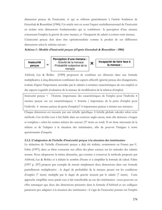 278
dimension perçue de l’insécurité, et qui se réfèrent généralement à l’article fondateur de
Greenhalt & Rosenblatt [1984]. Cet article met en avant l’aspect multidimensionnel de l’insécurité
en isolant trois dimensions fondamentales qui se combinent : la perception d’une menace
concernant l’emploi, la gravité de cette menace, et l’incapacité du salarié à contrer cette menace.
L’insécurité perçue doit alors être opérationnalisée comme le produit de ces différentes
dimensions selon le schéma suivant :
Schéma 1 : Modèle d’insécurité perçue (d’après Grennhalt & Rosenblatt - 1984)
Insécurité
perçue =
Perception d’une menace :
- Gravité de la menace
- Probabilité subjective de la
menace
Incapacité de faire face à
la menace :
Insécurité
perçue =
Perception d’une menace :
- Gravité de la menace
- Probabilité subjective de la
menace
Incapacité de faire face à
la menace :
Ashford, Lee & Bobko [1989] proposent de combiner ces éléments dans une formule
multiplicative à cinq dimensions combinant des aspects affectifs (gravité perçue des changements,
évaluée d’après l’importance accordée par le salariés à certaines caractéristiques de son emploi) et
des aspects cognitifs (évaluation de la menace de modification de la relation d’emploi)
Insécurité perçue = Somme (importance des caractéristiques de l’emploi pour l’individu ×
menace perçue sur ces caractéristiques) + Somme ( importance de la perte d’emploi pour
l’individu × menace perçue de perte d’emploi) × impuissance perçue à résister aux menaces.
Chaque dimension est mesurée par une échelle spécifique. L’échelle globale calculée selon cette
méthode s’est révélée tout à fait fiable dans un contexte anglo-saxon, mais elle demeure « longue
et complexe » selon les termes mêmes des auteurs (57 items au total). Il est donc nécessaire de la
réduire et de l’adapter à la situation des intérimaires, afin de pouvoir l’intégrer à notre
questionnaire d’enquête
3.1.2. L’adaptation de l’échelle d’insécurité perçue à la situation des intérimaires
La réduction de l’échelle d’insécurité perçue a déjà été réalisée, notamment en France par C.
Fabre [1997], dans sa thèse consacrée aux effets des plans sociaux sur les attitudes des salariés
restant. Nous adopterons la même démarche, qui consiste à conserver la méthode proposée par
Ashford, Lee & Bobko et à réduire le nombre d’items et à simplifier la formule de calcul. Fabre
[1997 p. 207] propose par exemple de retenir simplement deux dimensions dans une formule
partiellement multiplicative : le degré de probabilité de la menace pesant sur les conditions
d’emploi (7 items) multiplié par le degré de gravité ressenti par le salarié (7 items). Cette
approche simplifiée nous paraît tout à fait transférable au cas des intérimaires : nous pouvons en
effet remarquer que deux des dimensions présentes dans la formule d’Ashford et ses collègues
paraissent peu adaptées à la situation des intérimaires : il s’agit de l’insécurité portant sur l’emploi
 