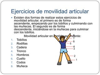 Ejercicios de movilidad articularExisten dos formas de realizar estos ejercicios de movilidad articular, el primero es de forma ascendente, empezando por los tobillos y culminando con las muñecas. El segundo es de forma descendente, iniciándose en la muñecas para culminar con los tobillos.Movilidad articular en sentido ascendente:TobillosRodillasCaderaTroncoHombrosCuelloCodosMuñeca