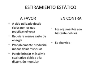 ESTIRAMIENTO ESTÁTICO
A FAVOR
• A sido utilizado desde
siglos por los que
practican el yoga
• Requiere menos gasto de
energía
• Probablemente producirá
menos dolor muscular
• Puede brindar más alivio
cualitativo debido a la
distensión muscular
EN CONTRA
• Los argumentos son
bastante débiles
• Es aburrido
 