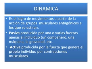 DINAMICA
• Es el logro de movimientos a partir de la
acción de grupos musculares antagónicos a
los que se estiran.
• Pasiva producida por una o varias fuerzas
ajenas al individuo (un compañero, una
máquina, la gravedad, etc.
• Activa producida por la fuerza que genera el
propio individuo por contracciones
musculares.
 