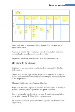 Scrum: Las reuniones       153




La comunicación es más rica y fluida, y el grado de implicación que se
logra mucho mayor.

Además un interfaz físico resulta más cómodo y visual. Para cambiar la
prioridad de las tareas basta con moverlas de sitio.

Es posible tener sobre la mesa varias tareas simultáneamente, etc.

Un ejemplo de pizarra.
La pizarra es una herramienta para facilitar la comunicación y el trabajo
de la reunión.

Al final de la reunión el propietario del producto registrará en la hoja de
cálculo, o en la herramienta que emplee, el estado y las modificaciones en
la pila del producto.

El equipo hará lo mismo con backlog del sprint.

Según la distribución y espacio de la oficina de trabajo quizá se reutilice la
pizarra o las notas para el seguimiento del sprint; o quizá no.

Este es un ejemplo, pero la pizarra, y el resto de las formas, son técnicas
que ayudan a trabajar de forma ágil; no reglas estrictas.

En cada caso se pueden ajustar o modificar según las características de la
organización.
 
