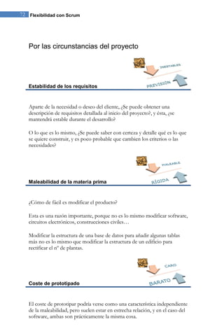 72 Flexibilidad con Scrum




   Por las circunstancias del proyecto




   Estabilidad de los requisitos



   Aparte de la necesidad o deseo del cliente, ¿Se puede obtener una
   descripción de requisitos detallada al inicio del proyecto?, y ésta, ¿se
   mantendrá estable durante el desarrollo?

   O lo que es lo mismo, ¿Se puede saber con certeza y detalle qué es lo que
   se quiere construir, y es poco probable que cambien los criterios o las
   necesidades?




   Maleabilidad de la materia prima



   ¿Cómo de fácil es modificar el producto?

   Esta es una razón importante, porque no es lo mismo modificar software,
   circuitos electrónicos, construcciones civiles…

   Modificar la estructura de una base de datos para añadir algunas tablas
   más no es lo mismo que modificar la estructura de un edificio para
   rectificar el nº de plantas.




   Coste de prototipado



   El coste de prototipar podría verse como una característica independiente
   de la maleabilidad, pero suelen estar en estrecha relación, y en el caso del
   software, ambas son prácticamente la misma cosa.
 