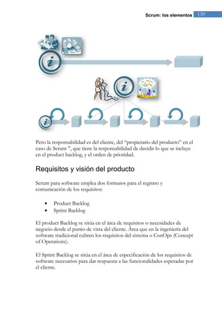 Scrum: los elementos 139 
Pero la responsabilidad es del cliente, del “propietario del producto” en el caso de Scrum ", que tiene la responsabilidad de decidir lo que se incluye en el product backlog, y el orden de prioridad. 
Requisitos y visión del producto 
Scrum para software emplea dos formatos para el registro y comunicación de los requisitos: Product Backlog Sprint Backlog 
El product Backlog se sitúa en el área de requisitos o necesidades de negocio desde el punto de vista del cliente. Área que en la ingeniería del software tradicional cubren los requisitos del sistema o ConOps (Concept of Operations). El Sprint Backlog se sitúa en el área de especificación de los requisitos de software necesarios para dar respuesta a las funcionalidades esperadas por el cliente.  