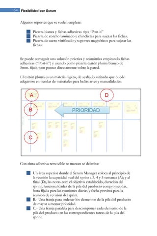 154 Flexibilidad con Scrum 
Algunos soportes que se suelen emplear: 
 Pizarra blanca y fichas adhesivas tipo “Post-it” 
 Pizarra de corcho laminado y chinchetas para sujetar las fichas. 
 Pizarra de acero vitrificado y soportes magnéticos para sujetar las fichas. 
Se puede conseguir una solución práctica y económica empleando fichas adhesivas (“Post-it”) y usando como pizarra cartón pluma blanco de 5mm. fijado con puntas directamente sobre la pared. El cartón pluma es un material ligero, de acabado satinado que puede adquirirse en tiendas de materiales para bellas artes y manualidades. 
Con cinta adhesiva removible se marcan se delimita: 
 Un área superior donde el Scrum Manager coloca al principio de la reunión la capacidad real del sprint a 3, 4 y 5 semanas (A); y al final (D), las notas con: el objetivo establecido, duración del sprint, funcionalidades de la pila del producto comprometidas, hora fijada para las reuniones diarias y fecha prevista para la reunión de revisión del sprint. 
 B.- Una franja para ordenar los elementos de la pila del producto de mayor a menor prioridad. 
 C.- Una franja paralela para descomponer cada elemento de la pila del producto en las correspondientes tareas de la pila del sprint.  