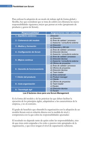 174 Flexibilidad con Scrum 
Para enfocar la adopción de un modo de trabajo ágil de forma global y flexible, hay que considerar que se trata de cubrir con eficiencia las nueve responsabilidades siguientes; mejor que pensar en roles (propietario de producto y gestor de Scrum). Responsabilidad Asignaciones más comunes 1.- Equilibrio sistémico Dirección 2.- Coherencia del modelo a) Dirección b) Área de calidad / procesos c) Asesoría / consultoría externa 3.- Medios y formación a) Dirección b) Dirección y RR.HH. 4.- Configuración de Scrum a) Área de calidad / procesos b) Dirección técnica b) Asesoría / consultoría externa 5.- Mejora continua a) Área de calidad / procesos b) Dirección técnica c) Asesoría / consultoría externa d) Oficina de proyectos 6.- Garantía de funcionamiento a) Área de calidad / procesos b) Oficina de proyectos d) Dirección técnica e) Team leader 7.-Visión del producto a) Área comercial b) Product manager c) Cliente 8.- Auto-organización a) Oficina de proyectos b) Team leader c) Equipo 9.- Tecnología ágil a) Dirección técnica b) Equipo 
Los 9 factores clave para una Scrum Management Es la forma del modelo y de las prácticas las que deben facilitar la ejecución de los principios ágiles, adaptándose a las características de la empresa, y no al contrario. El grado de beneficio que obtendrá la organización con la adopción de un modelo Scrum está en relación directa con la medida de nivel y competencia con la que cubra las responsabilidades apuntadas: El resultado no depende tanto de quién cubre las responsabilidades, sino de que éstas estén asignadas a los roles o puestos más apropiados de la organización, y que éstos tengan el nivel de capacitación suficiente.  