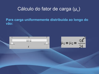 Cálculo do fator de carga ( µ n )   Para carga uniformemente distribuída ao longo do vão:   