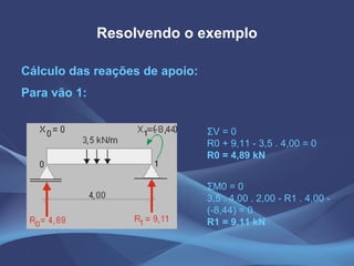Resolvendo o exemplo Cálculo das reações de apoio: Para vão 1: Σ V = 0  R0 + 9,11 - 3,5 . 4,00 = 0 R0 = 4,89 kN Σ M0 = 0  3,5 . 4,00 . 2,00 - R1 . 4,00 - (-8,44) = 0 R1 = 9.11 kN 
