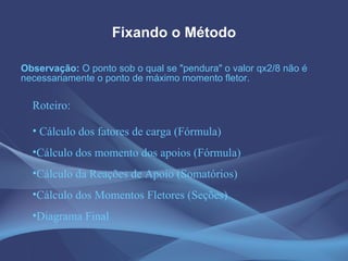 Fixando o Método Observação:  O ponto sob o qual se "pendura" o valor qx2/8 não é necessariamente o ponto de máximo momento fletor. Cálculo dos fatores de carga (Fórmula) Cálculo dos momento dos apoios (Fórmula) Cálculo da Reações de Apoio (Somatórios) Cálculo dos Momentos Fletores (Seções) Diagrama Final Roteiro: 