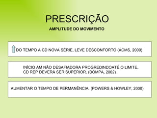PRESCRIÇÃO AMPLITUDE DO MOVIMENTO DO TEMPO A CD NOVA SÉRIE, LEVE DESCONFORTO (ACMS, 2000) INÍCIO AM NÃO DESAFIADORA PROGREDINDOATÉ O LIMITE.  CD REP DEVERÁ SER SUPERIOR. (BOMPA, 2002) AUMENTAR O TEMPO DE PERMANÊNCIA. (POWERS & HOWLEY, 2000) 