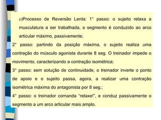 e) Processo de Reversão Lenta: 1° passo: o sujeito relaxa a musculatura a ser trabalhada, o segmento é conduzido ao arco articular máximo, passivamente; 2° passo: partindo da posição máxima, o sujeito realiza uma contração do músculo agonista durante 8 seg. O treinador impede o movimento, caracterizando a contração isométrica; 3° passo: sem solução de continuidade, o treinador inverte o ponto de apoio e o sujeito passa, agora, a realizar uma contração isométrica máxima do antagonista por 8 seg.; 4° passo: o treinador comanda “relaxe!”, e conduz passivamente o segmento a um arco articular mais amplo. 