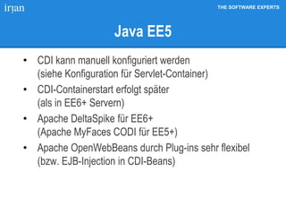 THE SOFTWARE EXPERTS
Java EE5
• CDI kann manuell konfiguriert werden
(siehe Konfiguration für Servlet-Container)
• CDI-Containerstart erfolgt später
(als in EE6+ Servern)
• Apache DeltaSpike für EE6+
(Apache MyFaces CODI für EE5+)
• Apache OpenWebBeans durch Plug-ins sehr flexibel
(bzw. EJB-Injection in CDI-Beans)
 