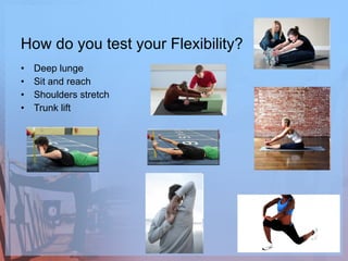 How do you test your Flexibility? Deep lunge Sit and reach Shoulders stretch Trunk lift 