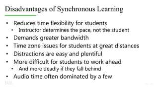 Disadvantages of Synchronous Learning
• Reduces time flexibility for students
• Instructor determines the pace, not the student
• Demands greater bandwidth
• Time zone issues for students at great distances
• Distractions are easy and plentiful
• More difficult for students to work ahead
• And more deadly if they fall behind
• Audio time often dominated by a few
 