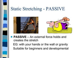 Static Stretching - PASSIVE PASSIVE  – An external force holds and creates the stretch  EG: with your hands or the wall or gravity Suitable for beginners and developmental  